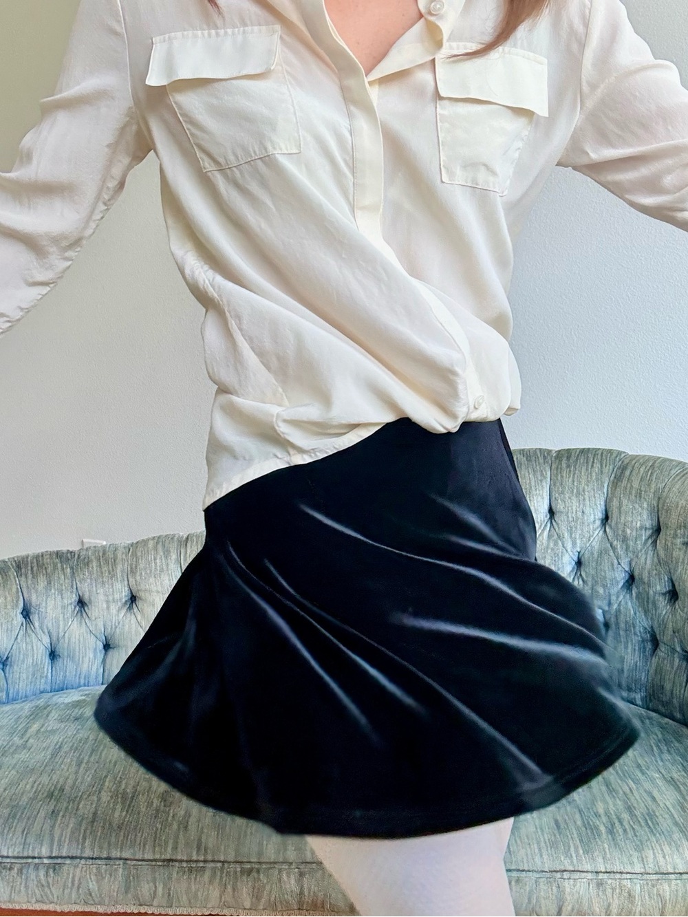 Vintage High Waisted Black Velvet Mini Skirt Small Stretch